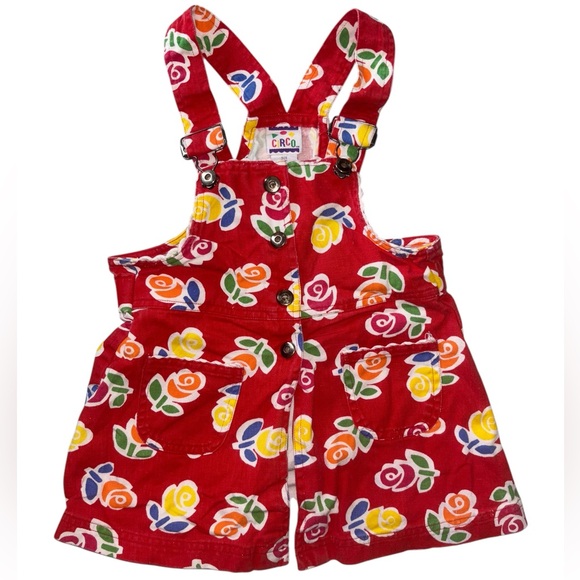 RARE Vintage 1990s Floral Red Overalls 3T - Picture 1 of 3